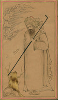 Illustration of a bearded figure in traditional attire with a staff, set against a plain background.
