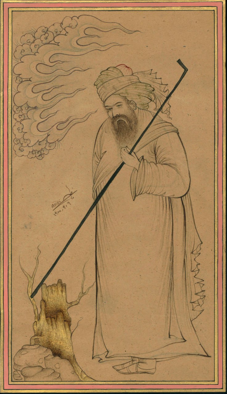 Illustration of a bearded figure in traditional attire with a staff, set against a plain background.